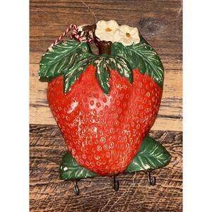 Vintage Strawberry Chalk Ware Wall Plaque Hooks Key Holder Red Green 7” 3 Hooks
